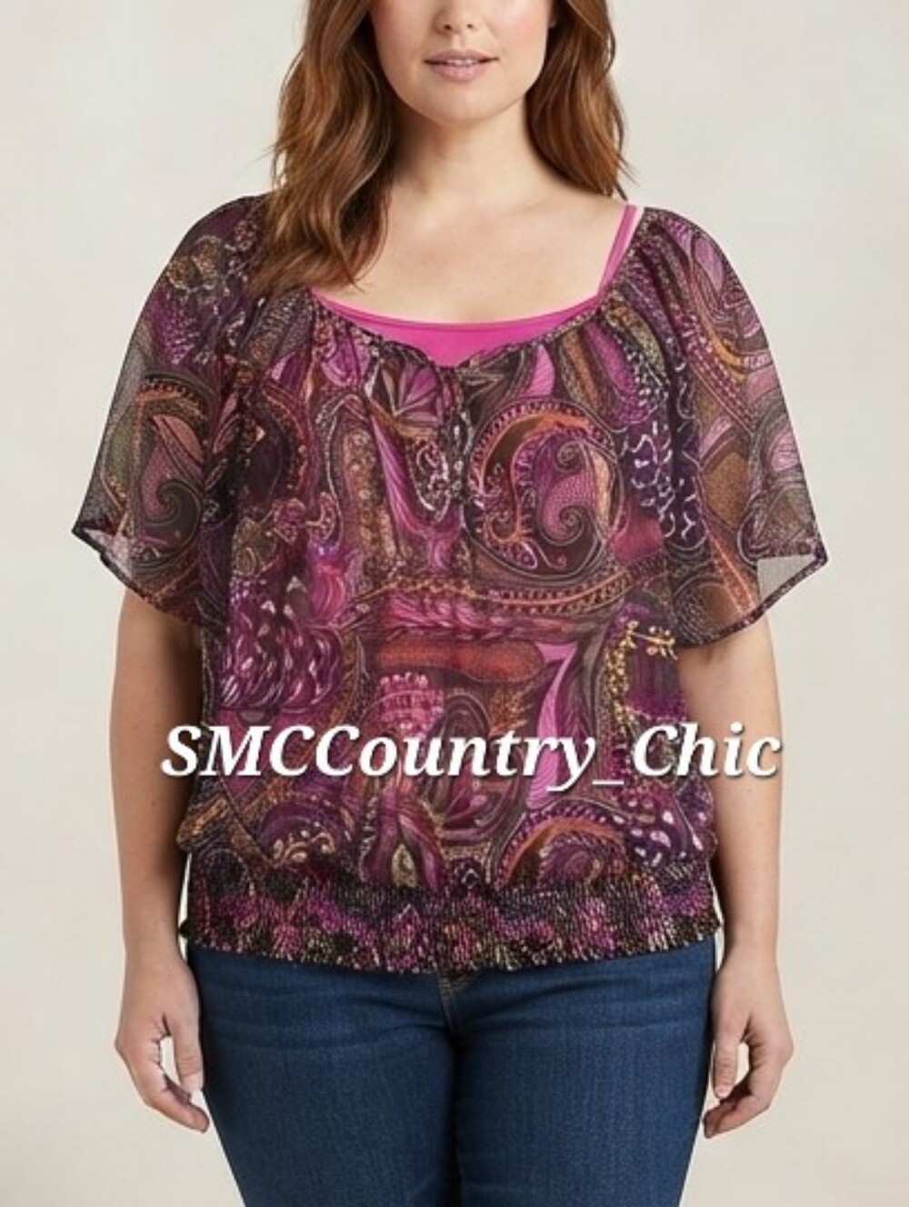 NWOT- Apt. 9 Paisley Sheer Blouse & Magenta Camisole Set 2X